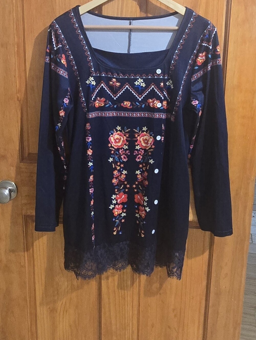 Boho Floral Tunic Top Navy Blue Lace Hem Accent - Size Large